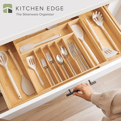 KitchenEdge Premium Silverware, Flatware and Utensil Organizer for Kitchen Drawers, Food-Safe Contract Grade, Expandable from 18 to 33 In, Gray Bamboo