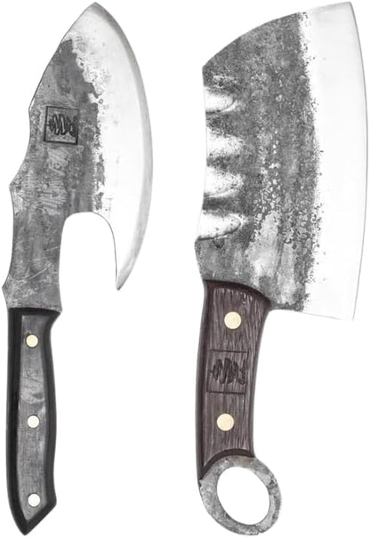 COOLINA Daozi 8" Butcher Knife, Hand-Forged High-Carbon Steel Cleaver for Heavy-Duty Meat Cutting, Slicing, Chopping, Brisket & BBQ, Full-Tang Forged Blade with Ergonomic Wood Handle