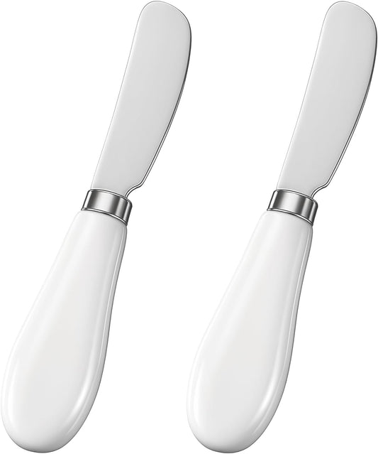 Thinp 2 Pcs Cheese Spreader, Butter Spreader Knives Stainless Steel Cheese Spreaders Knives with Porcelain Handles Multipurpose Sandwich Spreaders for Spreading Jam, Pastry (White & Silver)