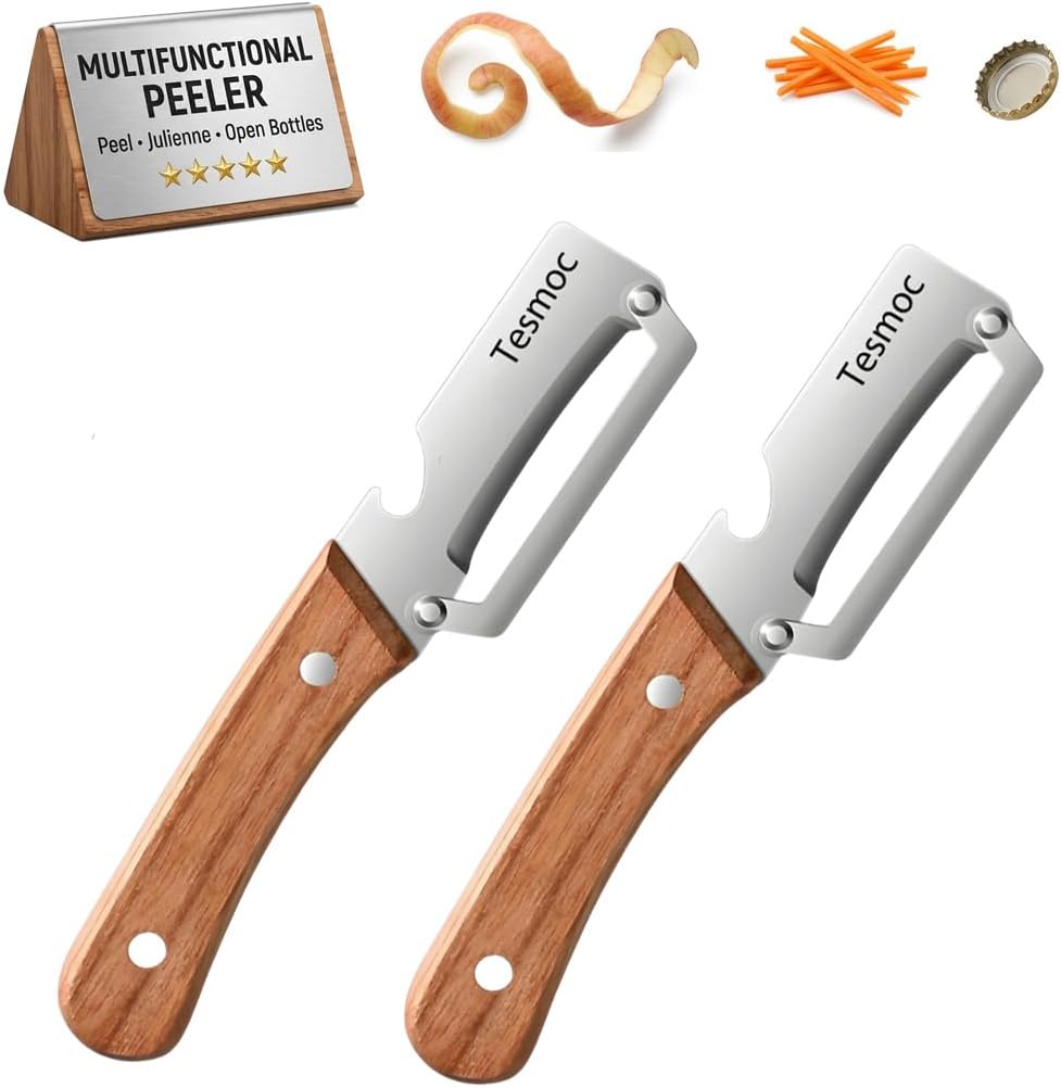 Multifunctional Vegetable Peeler for Kitchen, 2 Pack Stainless Steel Veggie Peeler Knife with Wooden Handle & Bottle Opener for Potato, Cucumber, Orange, Pineapple (2)