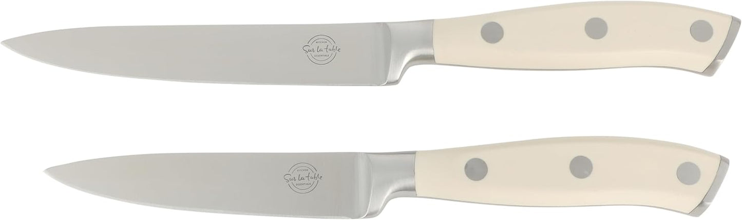 Sur La Table Kitchen Essentials Tasting Kitchen High-Carbon German Steel 7 Piece Full Tang Forged Cutlery Knife Block Set - Eggshell White W/Ashwood Block