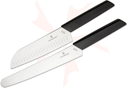 VICTORINOX 2 Piece Santoku and Bread Knife Set, Black, Light & Sharp for Various Foods, Dishwasher Safe, Swiss Madan, Gift Box, 6.9093.22G