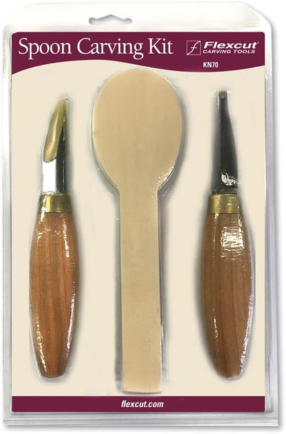 FLEXCUT Wood Carving Tools |Spoon Carving Tools for Beginners and Professionals | Includes Stub Sloyd, Bevel Sloyd Hook Knife & Spoon Blank | 1095 High Carbon Steel Blade | KN70 | Made in the U.S.A.