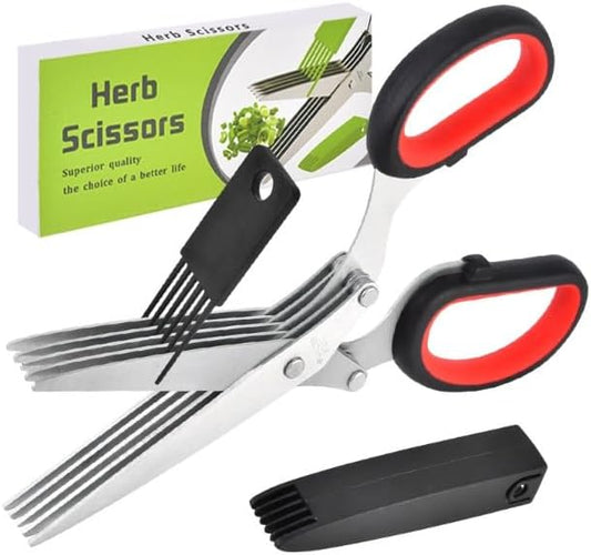 Herb Scissors with 5 Sharp Stainless Steel Blades, for Cutting Chives, Parsley, Basil and more, Includes Cleaning Comb and Safety Cover (Green)