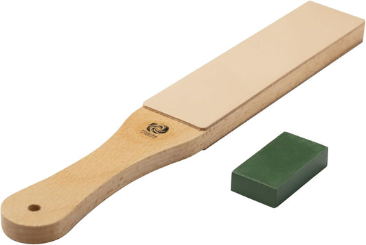 Leather Strop for Knife Sharpening, Double-Sided Paddle Strop with Green Polishing Compound, Wood Handle Stropping Block for Honing Knives, Chisels & Woodcarving Tools, for Finisolva Diamond Pastes