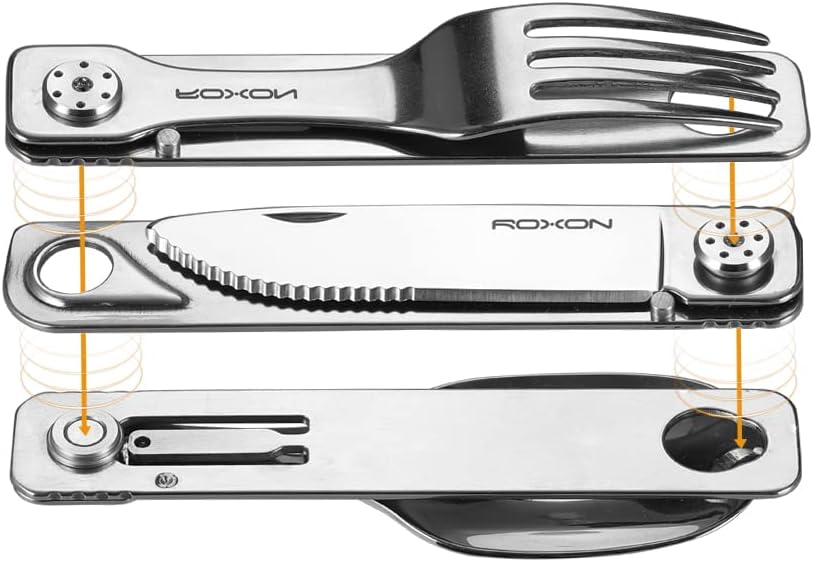 ROXON 3-in-1 Knife Spoons Fork With Case- Magnetic Folding Stainless Steel Camping Utensils Set - EDC Portable Lightweight Cutlery for Hiking Backpacking Travel Lunchbox Outdoor Silverware Essentials