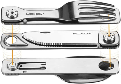 ROXON 3-in-1 Knife Spoons Fork With Case- Magnetic Folding Stainless Steel Camping Utensils Set - EDC Portable Lightweight Cutlery for Hiking Backpacking Travel Lunchbox Outdoor Silverware Essentials