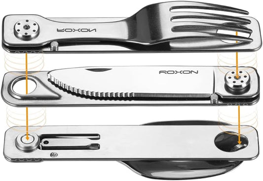 ROXON 3-in-1 Knife Spoons Fork With Case- Magnetic Folding Stainless Steel Camping Utensils Set - EDC Portable Lightweight Cutlery for Hiking Backpacking Travel Lunchbox Outdoor Silverware Essentials