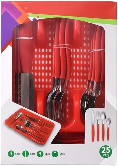 25-piece dinnerware set with red handles. The set includes 1 storage box, 6 knives, 6 forks, 6 long spo and 6 short spoons. Suitable for daily use at home or camping.