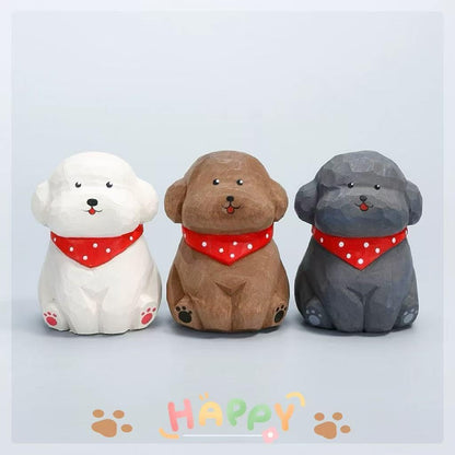 Hand-Carved Wooden Teddy Dog Figurine, 2.7" Brown Puppy Statue with Base for Car Dashboard, Desk & Home Decor, Gift for Dog Lovers