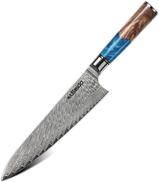 Seido Knives Blue 8" Gyuto Executive Chef Knife - Razor Sharp VG10 Super Steel Blade with Stainless Steel Bolster and Resin Epoxy Handle - Premium Kitchen Knife for Precision Cutting