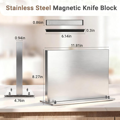 Magnetic Knife Holder, Stainless Steel Magnetic Knife Block with Sharpener, Double Sided Strong Magnet Knife Storage for Kitchen Counter, Anti-movement Suction Cup Base