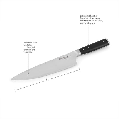 KitchenAid Gourmet Forged Triple Rivet Knife Block Set with Built-in Knife Sharpener, High Carbon Japanese Stainless Steel Kitchen Knives, Sharp Kitchen Knife Set with Block, Birchwood, 14-Piece