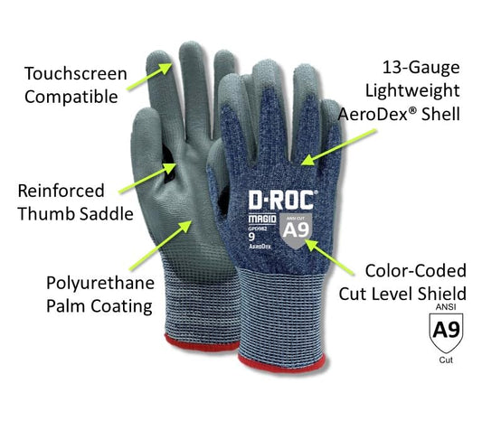 MAGID D-ROC AeroDex ANSI A9 13-Gauge PU Coated Work Gloves, 1 Pair, Size 8/Medium, GPD982