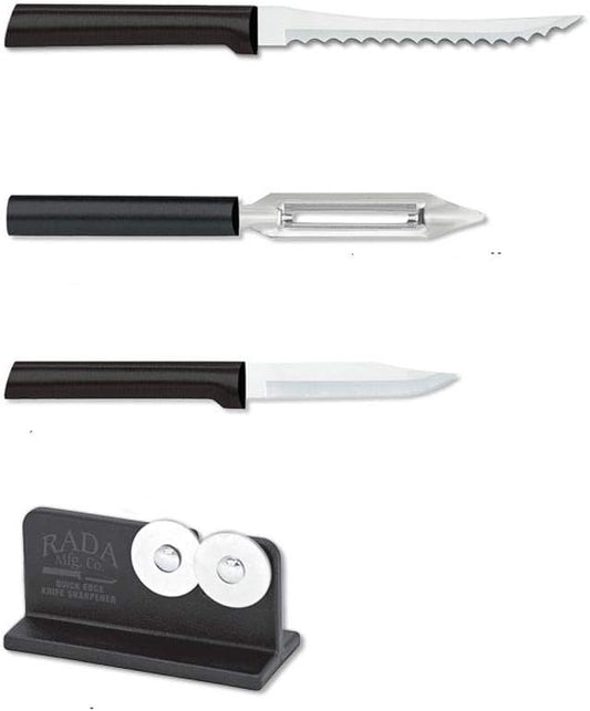 Rada Cutlery Peel, Pare & Slice Gift Set (G218) with Quick Edge Sharpener (R119), 3-piece Knife Set and Knife Sharpener, Stainless Steel Blades, Black Handle