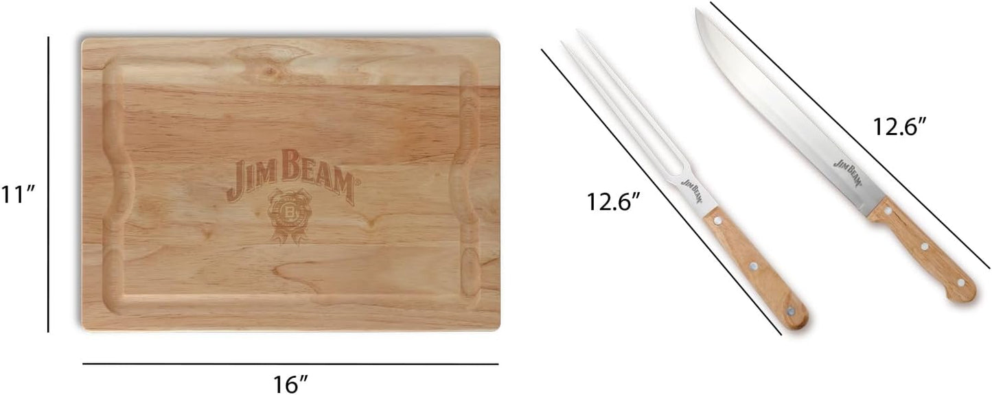 Jim Beam 3-Piece Carving Set, Includes Stainless Steel Knife and Fork with Wood Handles and Wooden Carving Board, Brown
