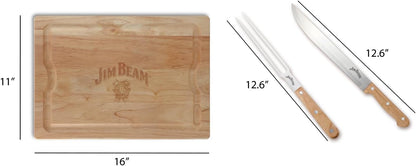 Jim Beam 3-Piece Carving Set, Includes Stainless Steel Knife and Fork with Wood Handles and Wooden Carving Board, Brown