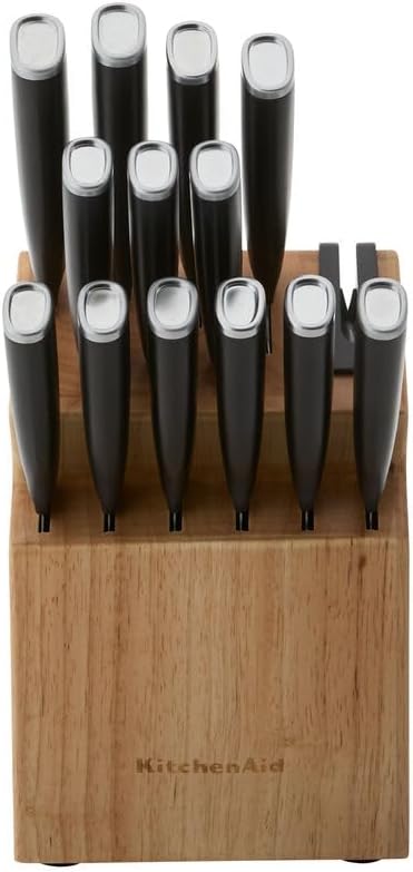 KitchenAid Classic Step Knife Block Set with Built-In Knife Sharpener, High Carbon Stainless Steel Kitchen Knives, Sharp Kitchen Knife Set with Block, 14-Piece, Natural