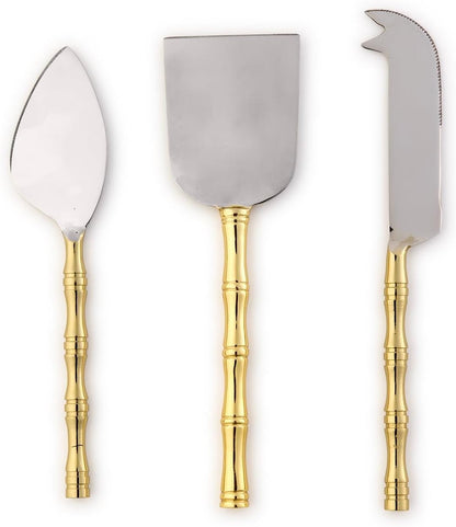 Two's Company Gold Bamboo Cheese Knives in Gift Box, 7-Inch, Stainless Steel, Set of 3