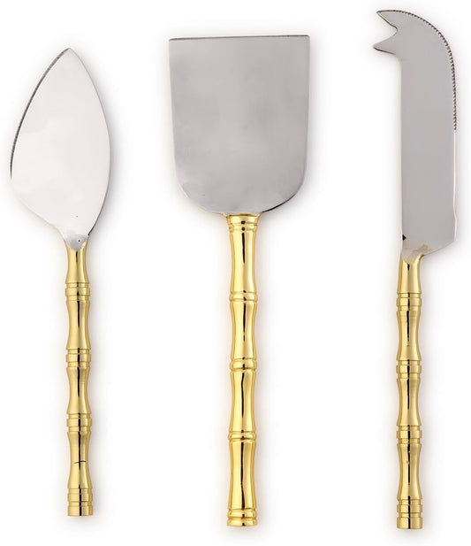 Two's Company Gold Bamboo Cheese Knives in Gift Box, 7-Inch, Stainless Steel, Set of 3