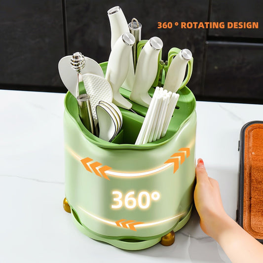 360° Rotating Knife Block,Multifunctional Plastic Kitchen Utensil Holder,Large Capacity Knives Block,Chopsticks Knife Block Utensil Stand for Kitchen Counter (Green)