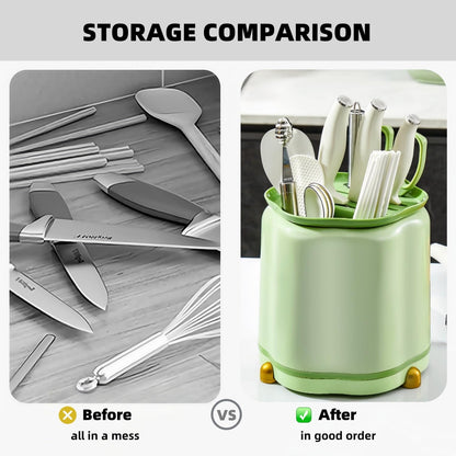 360° Rotating Knife Block,Multifunctional Plastic Kitchen Utensil Holder,Large Capacity Knives Block,Chopsticks Knife Block Utensil Stand for Kitchen Counter (Green)