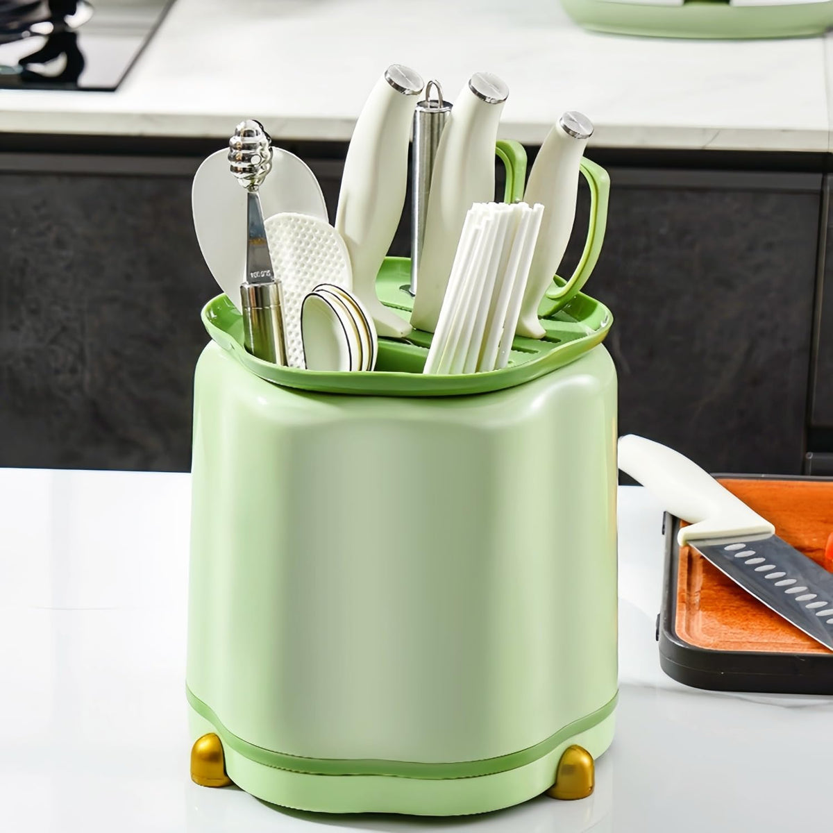 360° Rotating Knife Block,Multifunctional Plastic Kitchen Utensil Holder,Large Capacity Knives Block,Chopsticks Knife Block Utensil Stand for Kitchen Counter (Green)