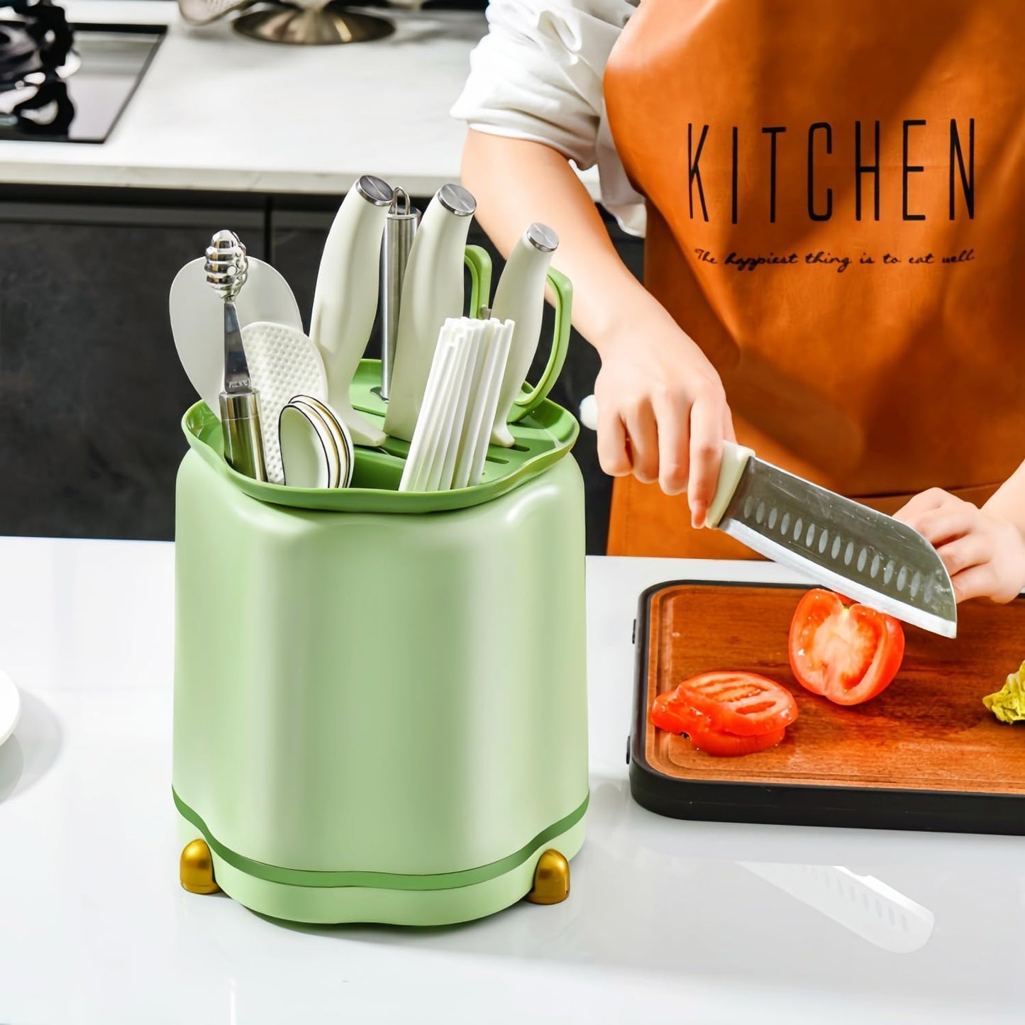 360° Rotating Knife Block,Multifunctional Plastic Kitchen Utensil Holder,Large Capacity Knives Block,Chopsticks Knife Block Utensil Stand for Kitchen Counter (Green)
