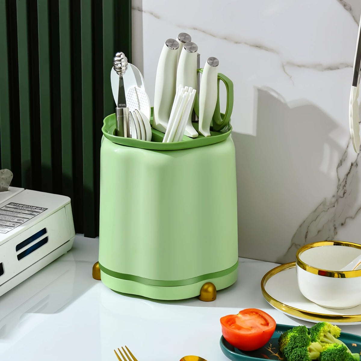 360° Rotating Knife Block,Multifunctional Plastic Kitchen Utensil Holder,Large Capacity Knives Block,Chopsticks Knife Block Utensil Stand for Kitchen Counter (Green)