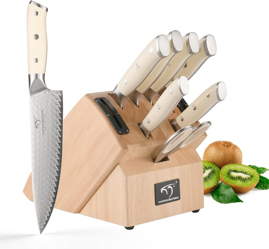 ® 10-Piece VG10 Damascus Knife Set, Rubberwood Block | 10PCS,71-layer,VG10,HRC60±2 hardness, rubberwood block with dual coarse/fine sharpeners, triple-rivet ABS handle