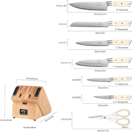 ® 10-Piece VG10 Damascus Knife Set, Rubberwood Block | 10PCS,71-layer,VG10,HRC60±2 hardness, rubberwood block with dual coarse/fine sharpeners, triple-rivet ABS handle