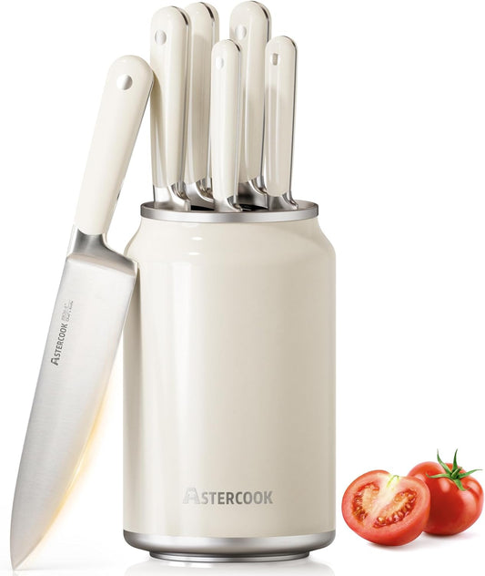 6-Piece Kitchen Knife Set with Soda Can-Inspired Block, Full Tang High Carbon Stainless Steel Knives, Retro Cream Design, Dishwasher Safe Knife Sets & ABS Handles - Perfect Kitchen Gifts