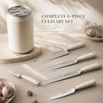 6-Piece Kitchen Knife Set with Soda Can-Inspired Block, Full Tang High Carbon Stainless Steel Knives, Retro Cream Design, Dishwasher Safe Knife Sets & ABS Handles - Perfect Kitchen Gifts
