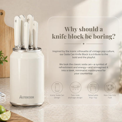6-Piece Kitchen Knife Set with Soda Can-Inspired Block, Full Tang High Carbon Stainless Steel Knives, Retro Cream Design, Dishwasher Safe Knife Sets & ABS Handles - Perfect Kitchen Gifts