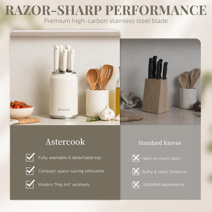 6-Piece Kitchen Knife Set with Soda Can-Inspired Block, Full Tang High Carbon Stainless Steel Knives, Retro Cream Design, Dishwasher Safe Knife Sets & ABS Handles - Perfect Kitchen Gifts