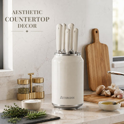 6-Piece Kitchen Knife Set with Soda Can-Inspired Block, Full Tang High Carbon Stainless Steel Knives, Retro Cream Design, Dishwasher Safe Knife Sets & ABS Handles - Perfect Kitchen Gifts