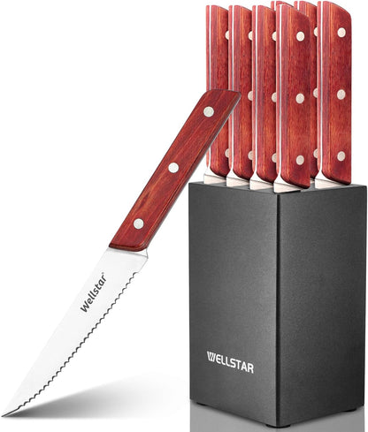 8-Piece Steak Knife Set with Wood Block – 4.75" Serrated Blades, Razor-Sharp Japanese Stainless Steel, Full Tang Pakkawood Handles – Compact, Space-Saving Design, Dishwasher Safe