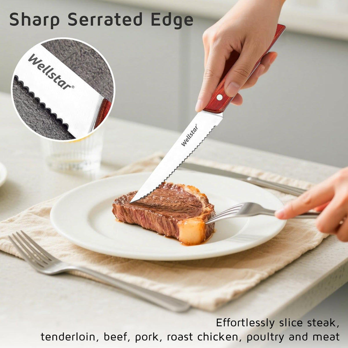 8-Piece Steak Knife Set with Wood Block – 4.75" Serrated Blades, Razor-Sharp Japanese Stainless Steel, Full Tang Pakkawood Handles – Compact, Space-Saving Design, Dishwasher Safe