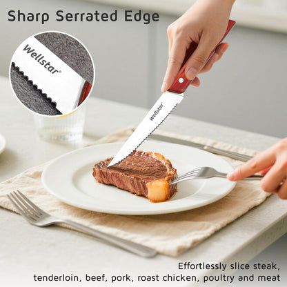 8-Piece Steak Knife Set with Wood Block – 4.75" Serrated Blades, Razor-Sharp Japanese Stainless Steel, Full Tang Pakkawood Handles – Compact, Space-Saving Design, Dishwasher Safe