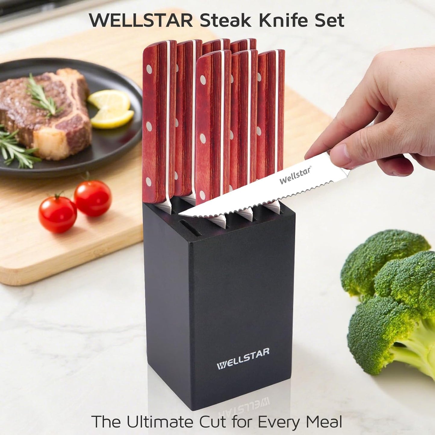 8-Piece Steak Knife Set with Wood Block – 4.75" Serrated Blades, Razor-Sharp Japanese Stainless Steel, Full Tang Pakkawood Handles – Compact, Space-Saving Design, Dishwasher Safe