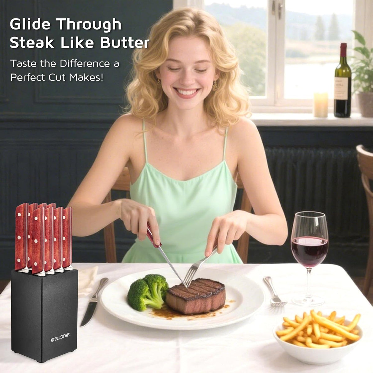 8-Piece Steak Knife Set with Wood Block – 4.75" Serrated Blades, Razor-Sharp Japanese Stainless Steel, Full Tang Pakkawood Handles – Compact, Space-Saving Design, Dishwasher Safe