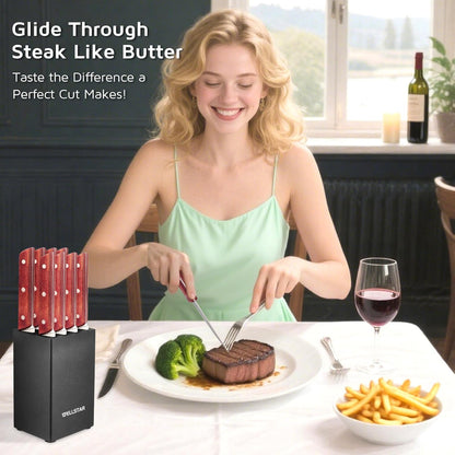 8-Piece Steak Knife Set with Wood Block – 4.75" Serrated Blades, Razor-Sharp Japanese Stainless Steel, Full Tang Pakkawood Handles – Compact, Space-Saving Design, Dishwasher Safe