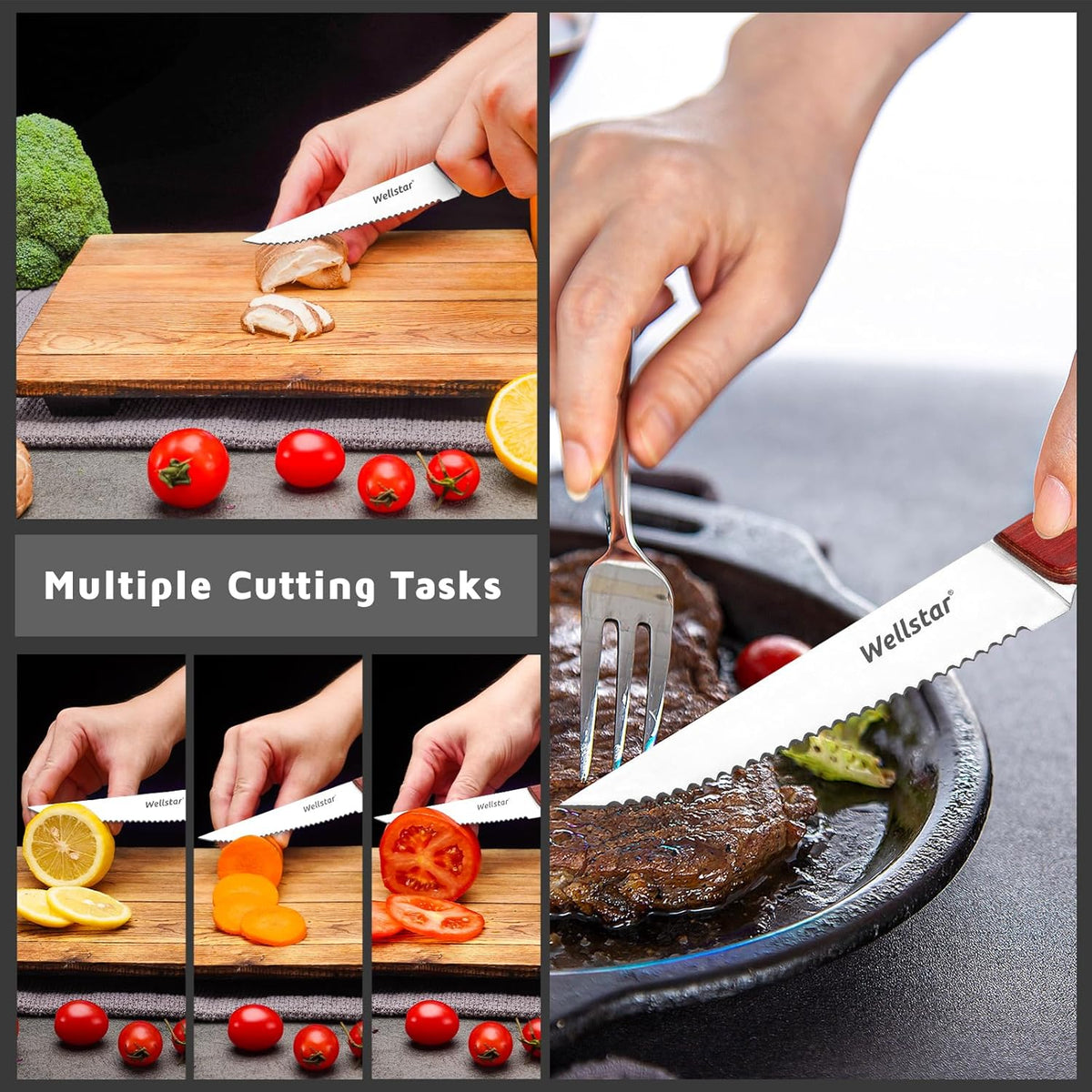 8-Piece Steak Knife Set with Wood Block – 4.75" Serrated Blades, Razor-Sharp Japanese Stainless Steel, Full Tang Pakkawood Handles – Compact, Space-Saving Design, Dishwasher Safe