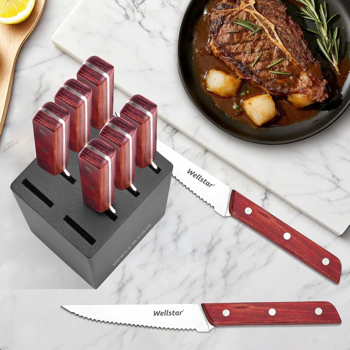 8-Piece Steak Knife Set with Wood Block – 4.75" Serrated Blades, Razor-Sharp Japanese Stainless Steel, Full Tang Pakkawood Handles – Compact, Space-Saving Design, Dishwasher Safe