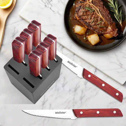 8-Piece Steak Knife Set with Wood Block – 4.75" Serrated Blades, Razor-Sharp Japanese Stainless Steel, Full Tang Pakkawood Handles – Compact, Space-Saving Design, Dishwasher Safe