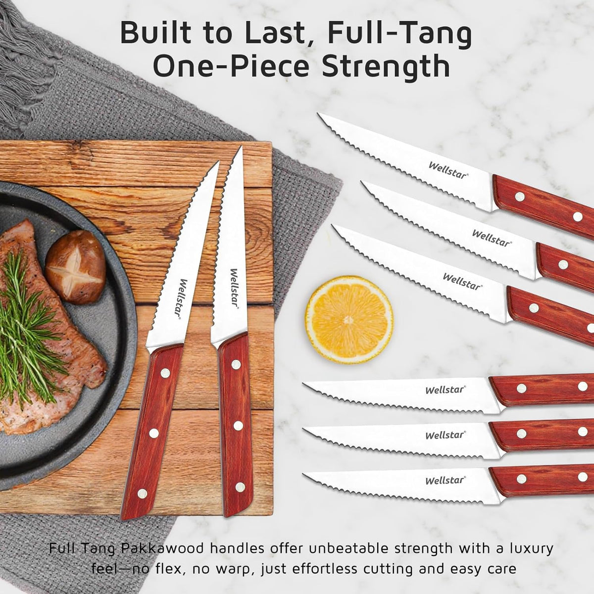 8-Piece Steak Knife Set with Wood Block – 4.75" Serrated Blades, Razor-Sharp Japanese Stainless Steel, Full Tang Pakkawood Handles – Compact, Space-Saving Design, Dishwasher Safe