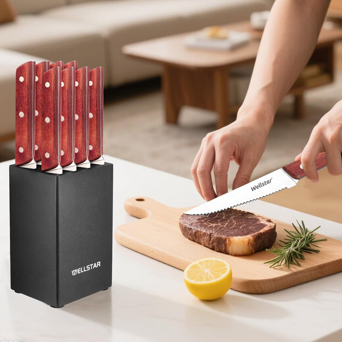 8-Piece Steak Knife Set with Wood Block – 4.75" Serrated Blades, Razor-Sharp Japanese Stainless Steel, Full Tang Pakkawood Handles – Compact, Space-Saving Design, Dishwasher Safe