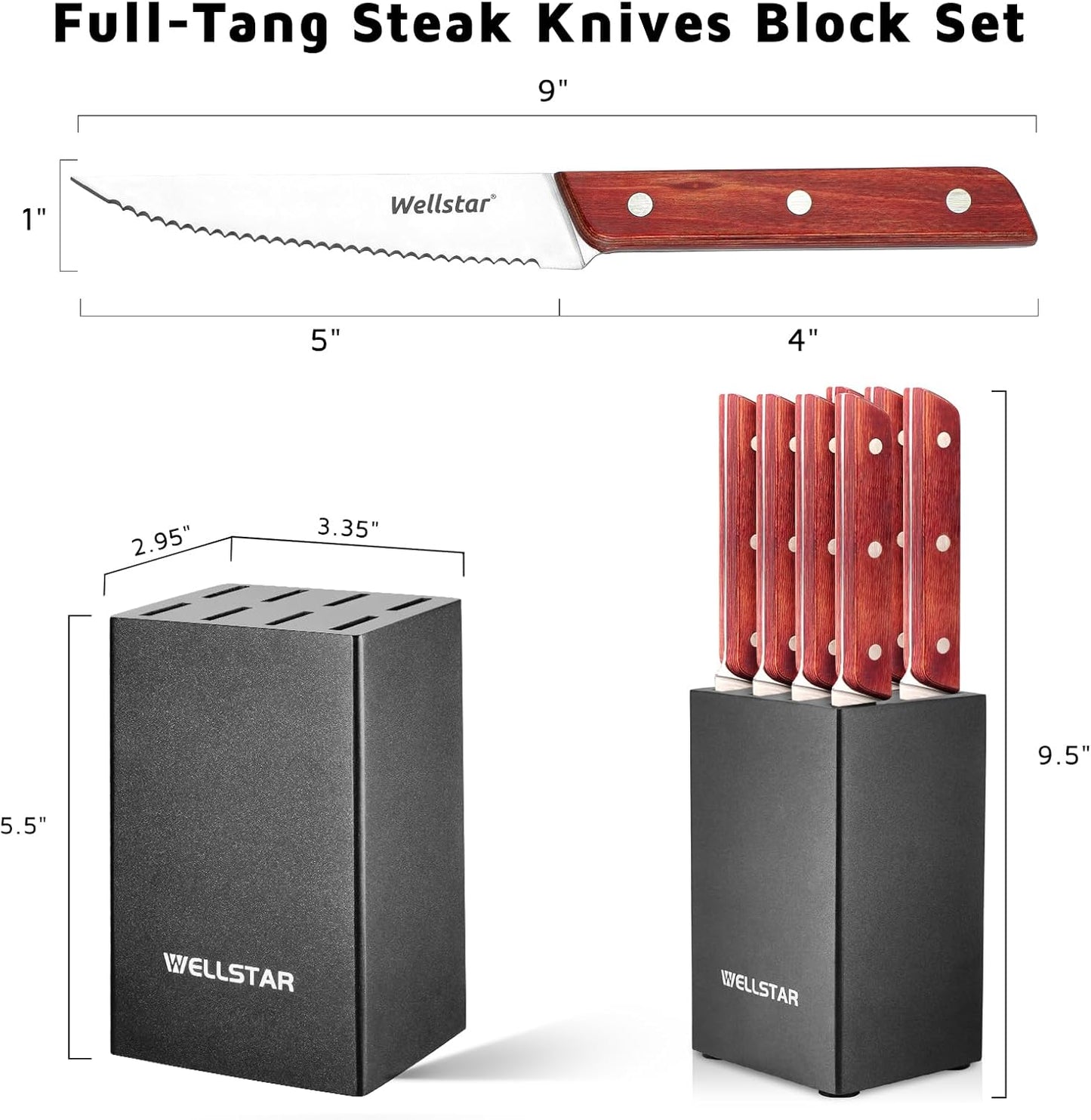 8-Piece Steak Knife Set with Wood Block – 4.75" Serrated Blades, Razor-Sharp Japanese Stainless Steel, Full Tang Pakkawood Handles – Compact, Space-Saving Design, Dishwasher Safe