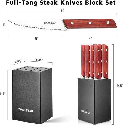 8-Piece Steak Knife Set with Wood Block – 4.75" Serrated Blades, Razor-Sharp Japanese Stainless Steel, Full Tang Pakkawood Handles – Compact, Space-Saving Design, Dishwasher Safe