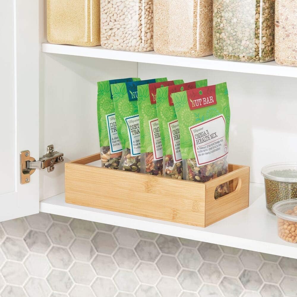Kitchen Storage Box – Open-Top Bamboo Storage Tray with Handles – Versatile Cupboard Organiser for Shelves, Pantries, Surfaces and Cupboards – Natural